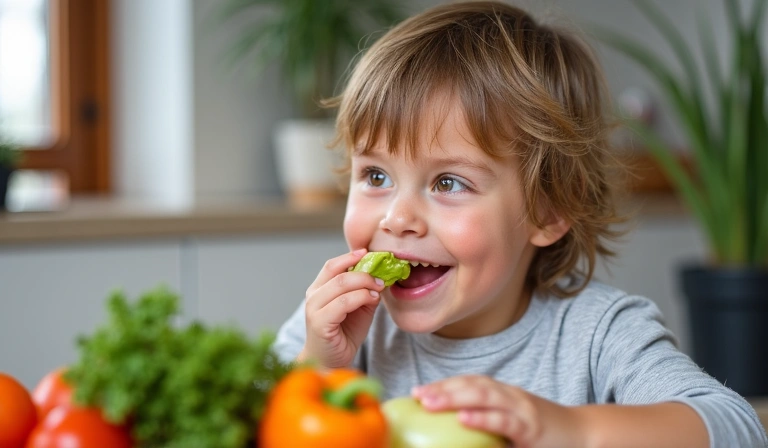 Dziecko jedzące zdrowe warzywa, symbolizujące prawidłowe odżywianie dzieci