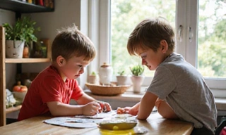 Dzieci bawiące się i uczące w zdrowym otoczeniu, symbolizujące lepszy rozwój fizyczny i umysłowy dzięki zbilansowanej diecie.