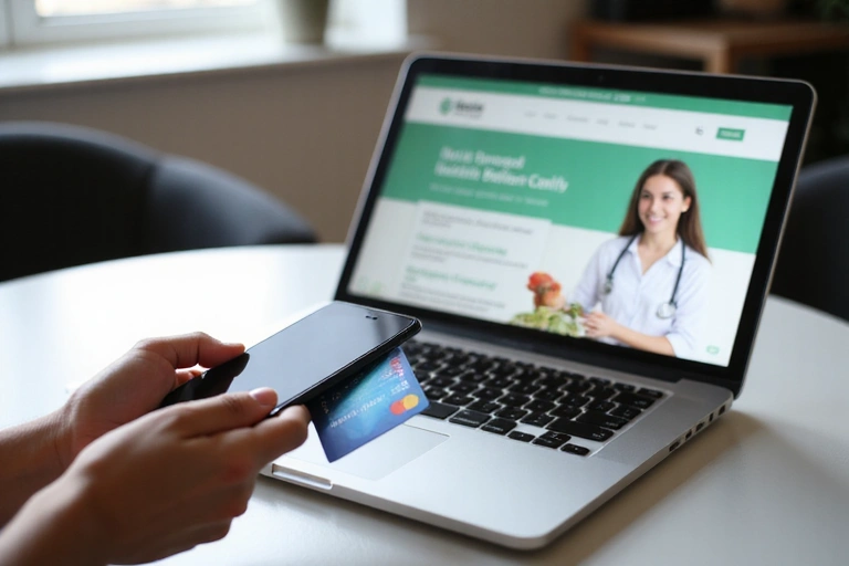 Osoba dokonująca płatności online za pomocą smartfona i karty kredytowej, z laptopem w tle wyświetlającym stronę internetową z usługami dietetycznymi.